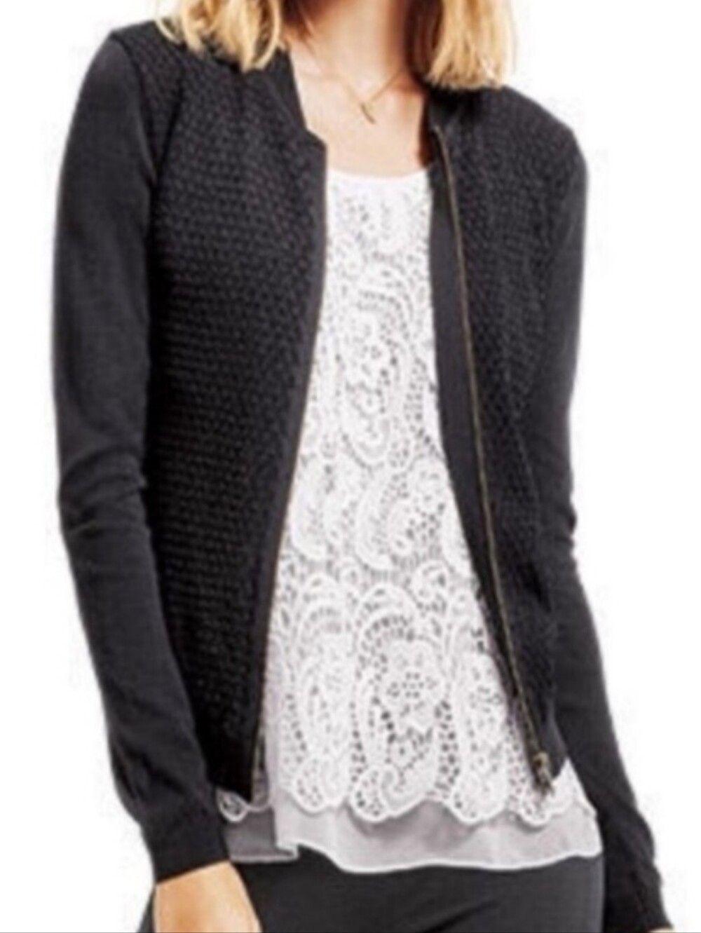 CAbi Black Textured Knit Front Panal Zip Up Cardigan Sweater